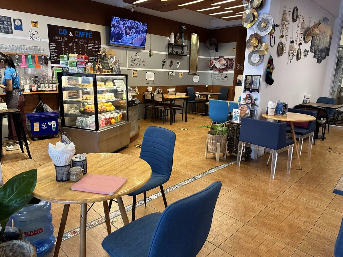 Fresh pastries, cakes and desserts on display at Co & Caffè